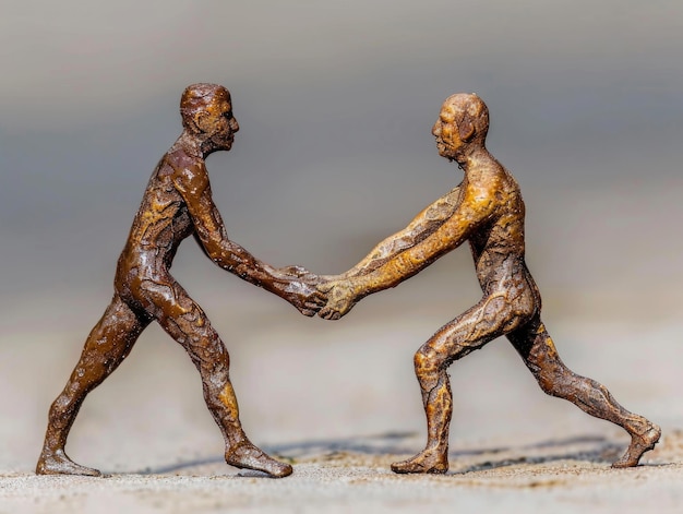 Deux figurines en bronze debout sur un sol de sable se tenant la main dans un geste de connexion et de solidarité