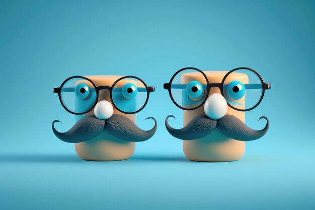 Deux figurines en forme d'oeuf avec des lunettes et une moustache.