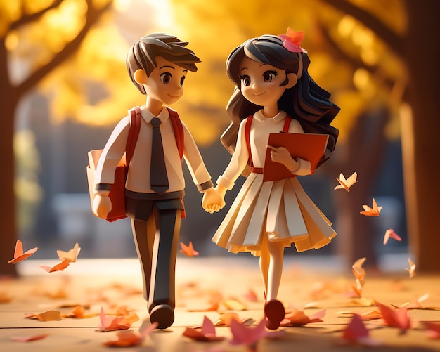 deux figurines garçon fille main dans la main scène feuilles tombant ombrage éclairage illustration couverture mignonne