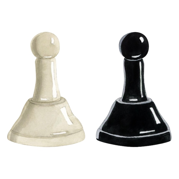 Deux figurines d'illustration d'aquarelle de pièces de pion d'échecs en noir et blanc pour les conceptions de la journée des échecs