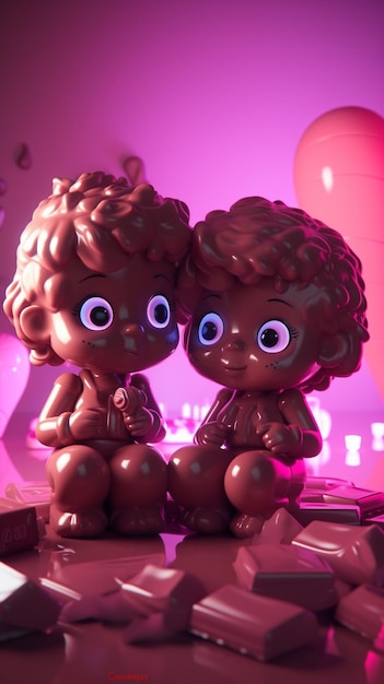Deux figurines sont assises sur un comptoir avec des lumières violettes en arrière-plan.