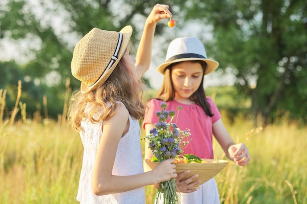 Deux filles aux beaux jours d'été dans le pré avec bol de fruits sucrés