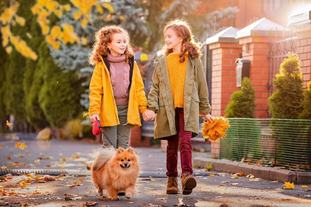 Deux filles aux cheveux roux marchent dans la rue par une journée d'automne ensoleillée Marcher avec un petit chien de Poméranie moelleux