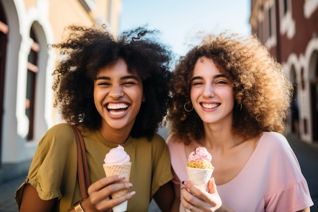 Photo deux filles ayant une glace dans la rue