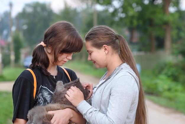 Deux filles caressant une vie de village chat