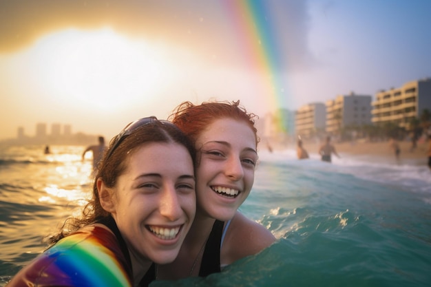 Deux filles dans l'eau avec un arc-en-ciel en arrière-plan