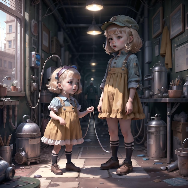 Deux filles dans une pièce avec une peinture d'une fille tenant une corde.