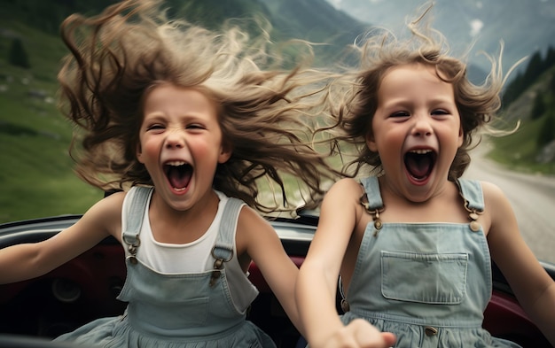 Deux filles dans une voiture avec leurs mains en l'air en été.