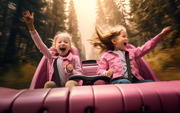 Deux filles dans une voiture avec leurs mains au volant en été