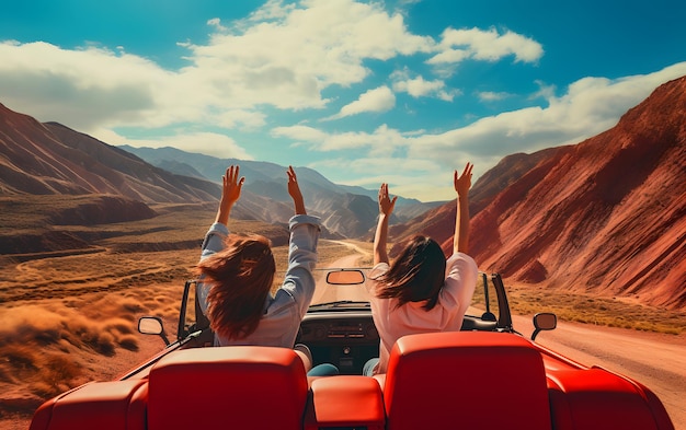 Deux filles dans une voiture avec leurs mains au volant en été