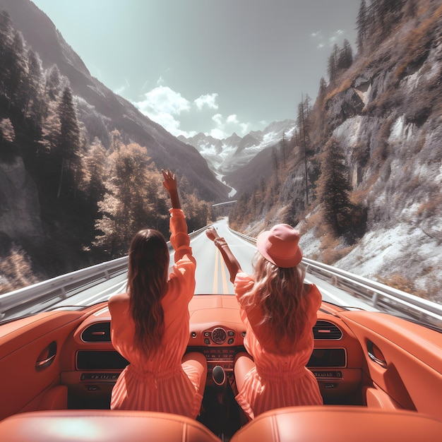 Deux filles dans une voiture avec leurs mains au volant en été