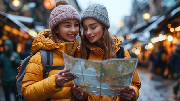 Deux filles examinent une carte sous la pluie