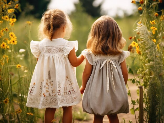 Deux filles face à face parmi les fleurs