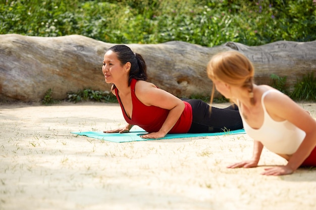 Deux filles font du yoga dans le parc sur le sable parmi les arbres couple international de filles faisant des exercices dans la nature mode de vie sain méditation unité avec la nature