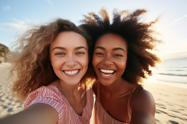 Deux filles gaies prenant un selfie sur la plage en été