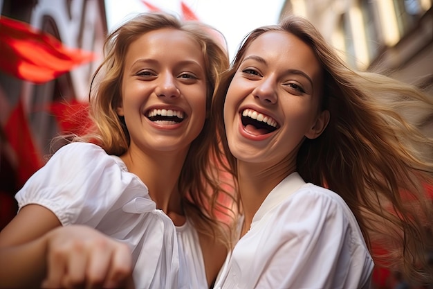 Deux filles heureuses et excitées s'amusant dans les portraits de la ville