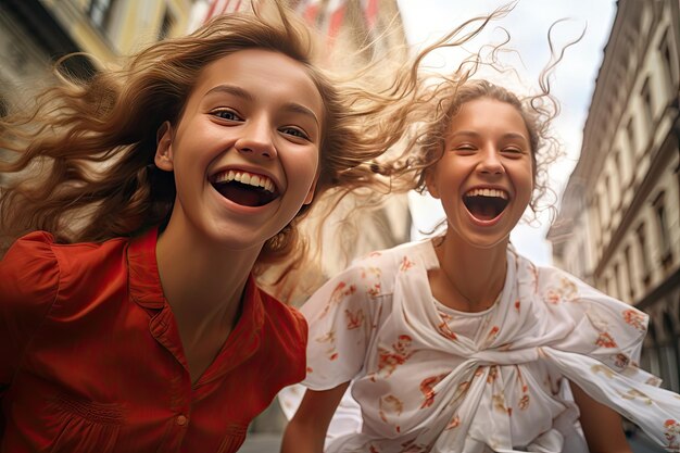 Deux filles heureuses et excitées s'amusant dans les portraits de la ville