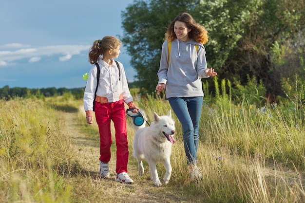 Deux filles heureuses marchant avec chien, soeurs avec animal husky blanc sur prairie d'été