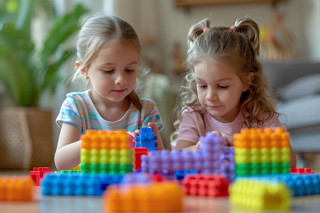 Deux filles jouent avec des blocs de construction dans un salon