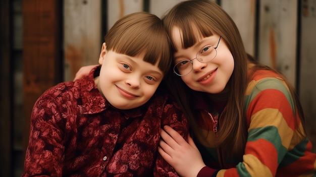 Deux filles joyeuses atteintes du syndrome de Down s'embrassent et se lient dans un portrait réconfortant