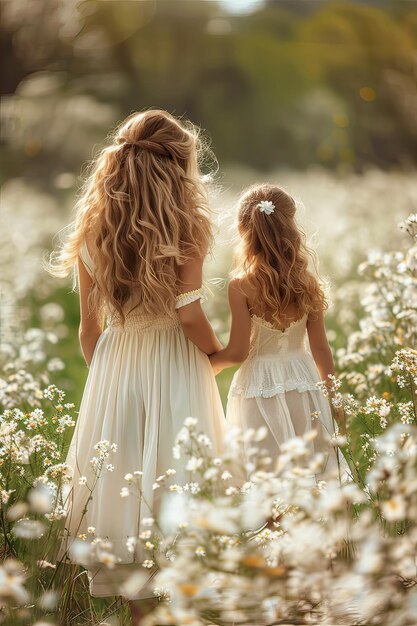 Deux filles latines à l'extérieur un jour de printemps dans un champ de fleurs IA générative