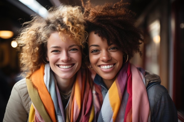 Deux filles lesbiennes avec un drapeau arc-en-ciel souriant joyeusement et célébrant profondément amoureux