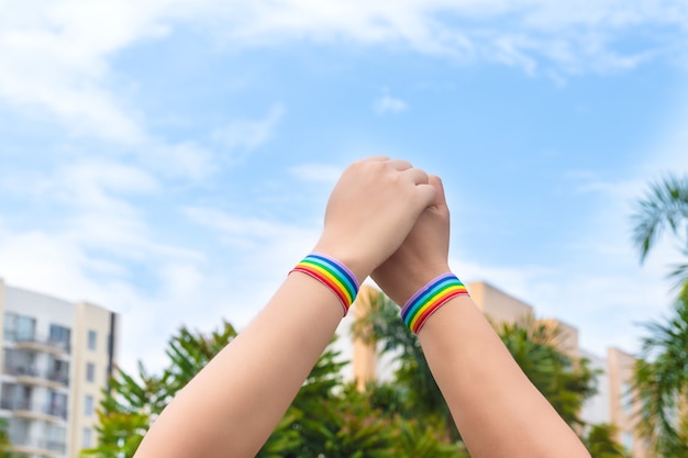 Deux filles lesbiennes se tenant la main portant le drapeau de la fierté