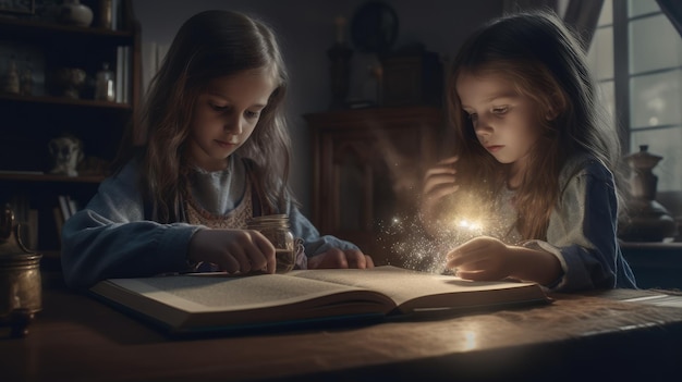 Deux filles lisent un livre avec une baguette magique sur la table.