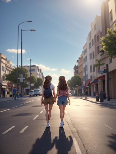 Deux filles marchent ensemble sur la route