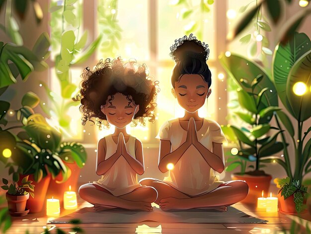 Deux filles méditant en position de lotus dans une pièce avec des plantes vertes