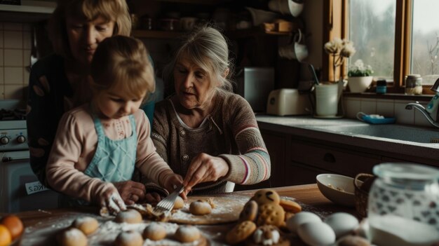 Deux filles avec des oreilles de lapin cuisent des biscuits dans la cuisine