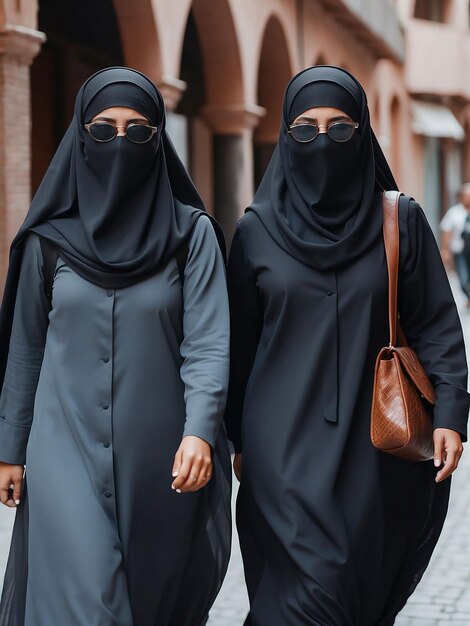 Photo deux filles portant des burkas et des lunettes marchent dans la rue.