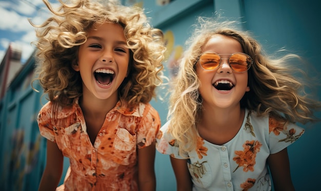 deux filles portant des lunettes de soleil dont l'une porte le mot " dessus "