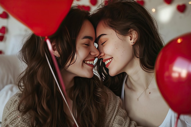 Deux filles qui célèbrent la Saint-Valentin.