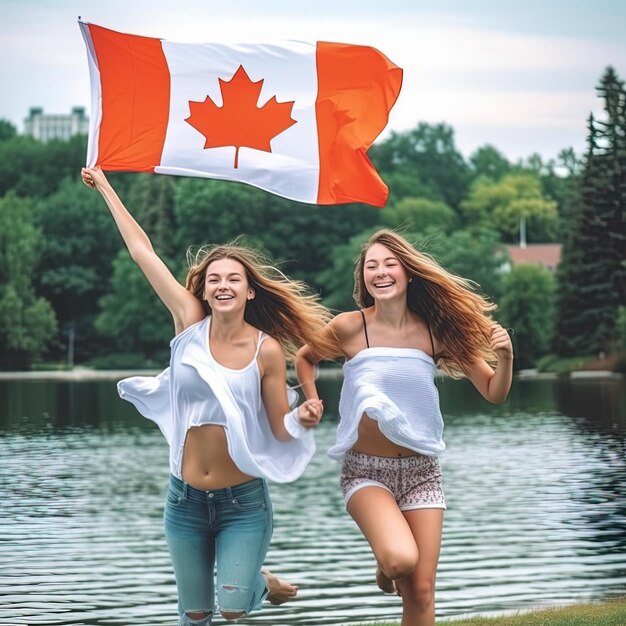 Deux filles qui courent avec un drapeau canadien.