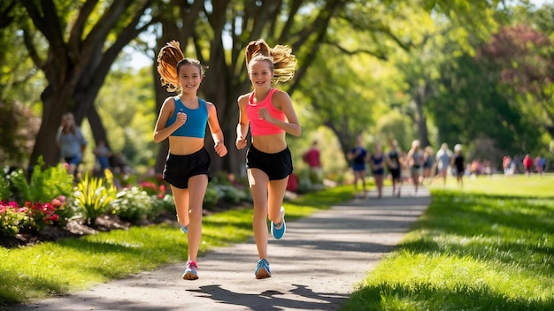 Deux filles qui font du jogging dans le parc.