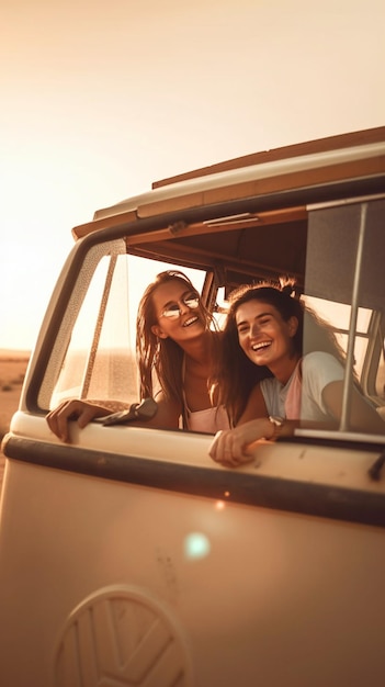 Deux filles regardant par la fenêtre d'un van