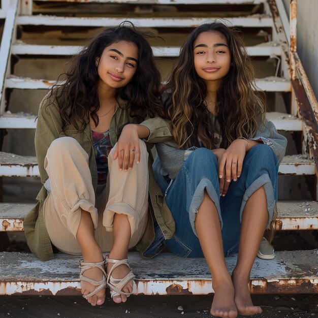 Photo deux filles s'assoient sur un ensemble d'escaliers l'une portant une veste verte et l'autre avec l'autre portant une veste vert