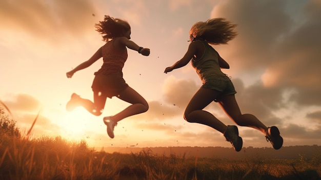 Deux filles sautent dans le ciel avec le soleil derrière elles