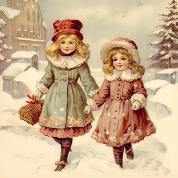 deux filles se tenant par la main dans la neige, l'une d'elles porte un chapeau.