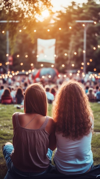 Photo deux filles sont assises en cercle l'une d'elles porte une robe rose et l'autre est une grande foule de personnes assises en arrière-plan