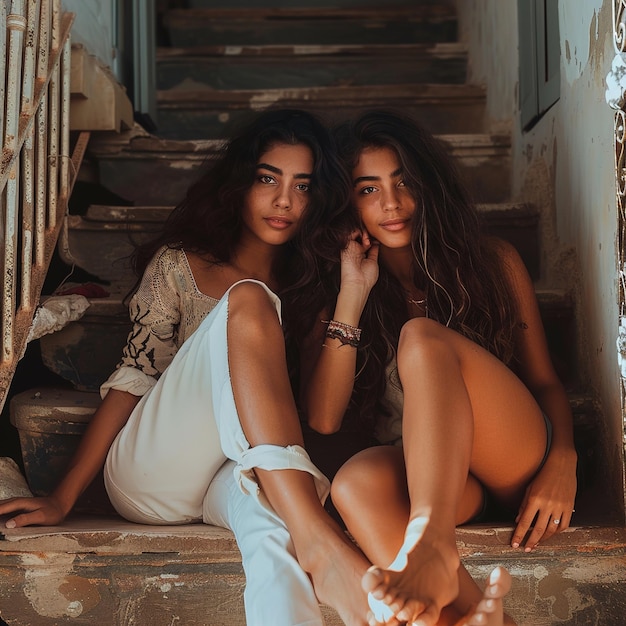 Photo deux filles sont assises sur les escaliers. l'une d'elles porte une robe blanche.