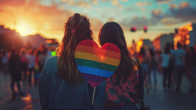 Deux filles tenant un cœur arc-en-ciel au coucher du soleil