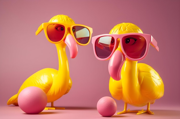 Deux flamants roses portant des lunettes de soleil et un flamant rose portant des lunettes de soleil