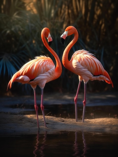 Deux flamants roses se tiennent dans l'eau avec leurs cous croisés.