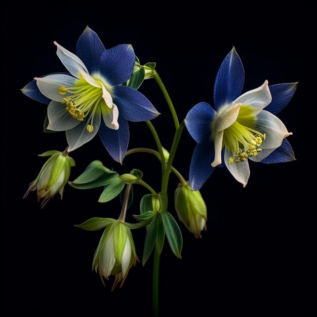 Deux fleurs aux centres jaunes sont représentées sur un fond noir.