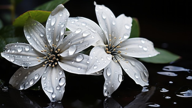 deux fleurs blanches avec des gouttelettes d'eau dessus