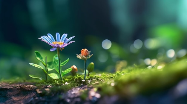 Deux fleurs dans une forêt moussue avec le soleil qui brille dessus.