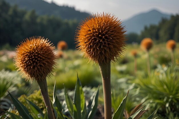 deux fleurs avec un fond de montagnes à l'arrière-plan Splendeur vibrante Explorant Scadoxus