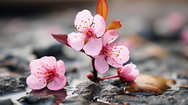 deux fleurs roses qui sortent d'une flaque d'eau